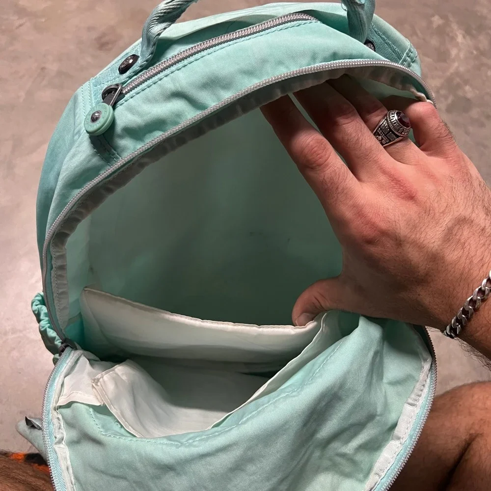 Kipling Seoul Large Backpack Aqua Teal Crinkle Nylon Glitter Star Logo Monkey